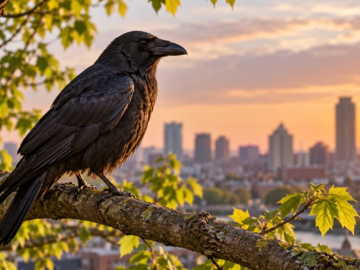 American crow perched on an urban tree branch at dawn