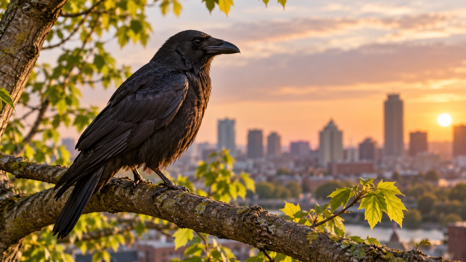 American crow perched on an urban tree branch at dawn
