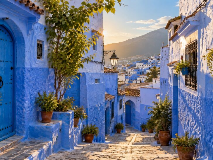 Blue-painted street in Chefchaouen Morocco under warm afternoon light