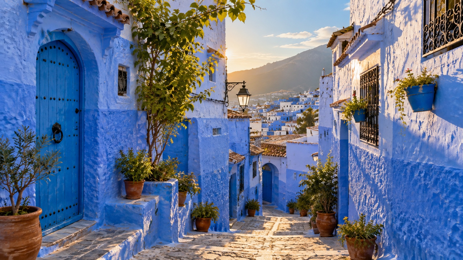Blue-painted street in Chefchaouen Morocco under warm afternoon light