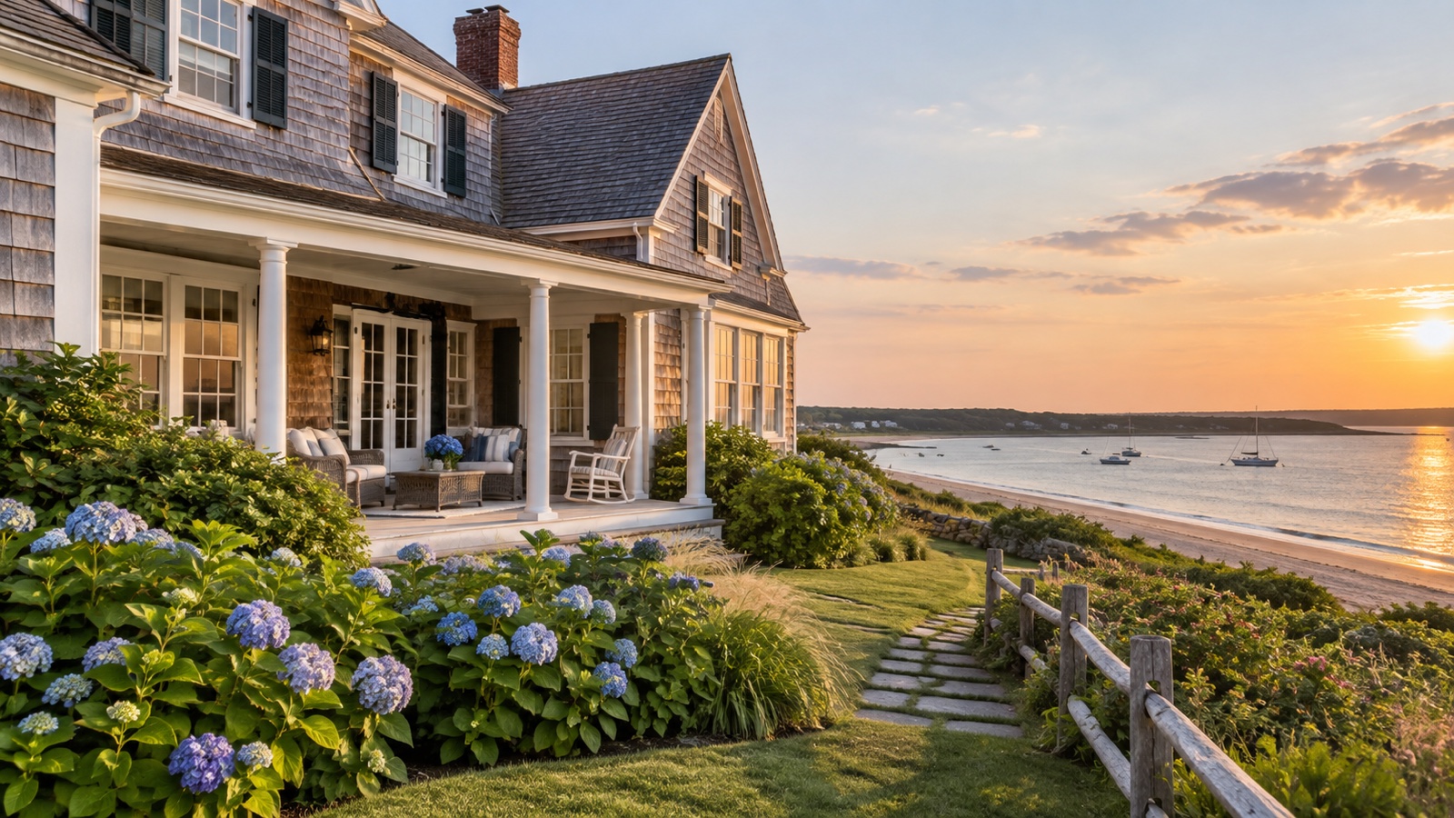 Cape Cod seaside clapboard summer house evoking Kennedy family summers, no people