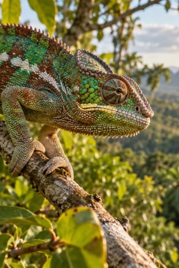 Chameleon gripping a leafy branch in Madagascar forest