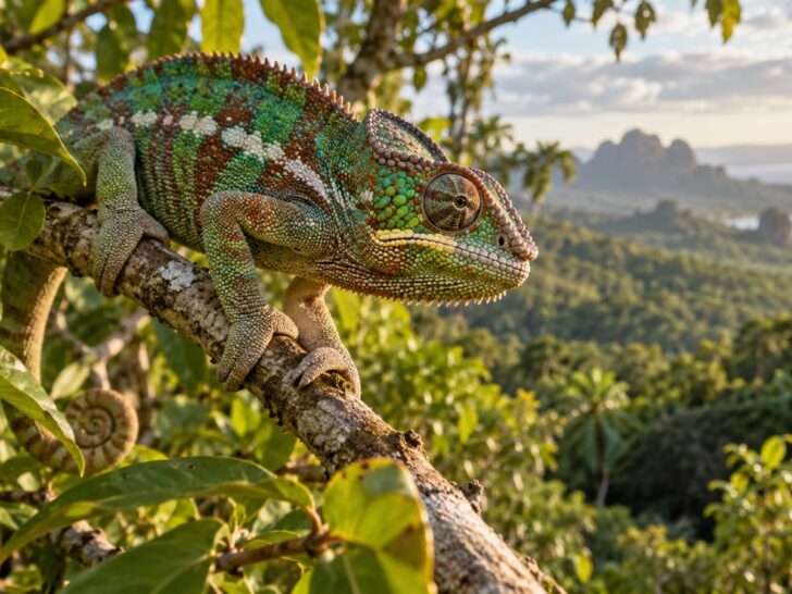 Chameleon gripping a leafy branch in Madagascar forest