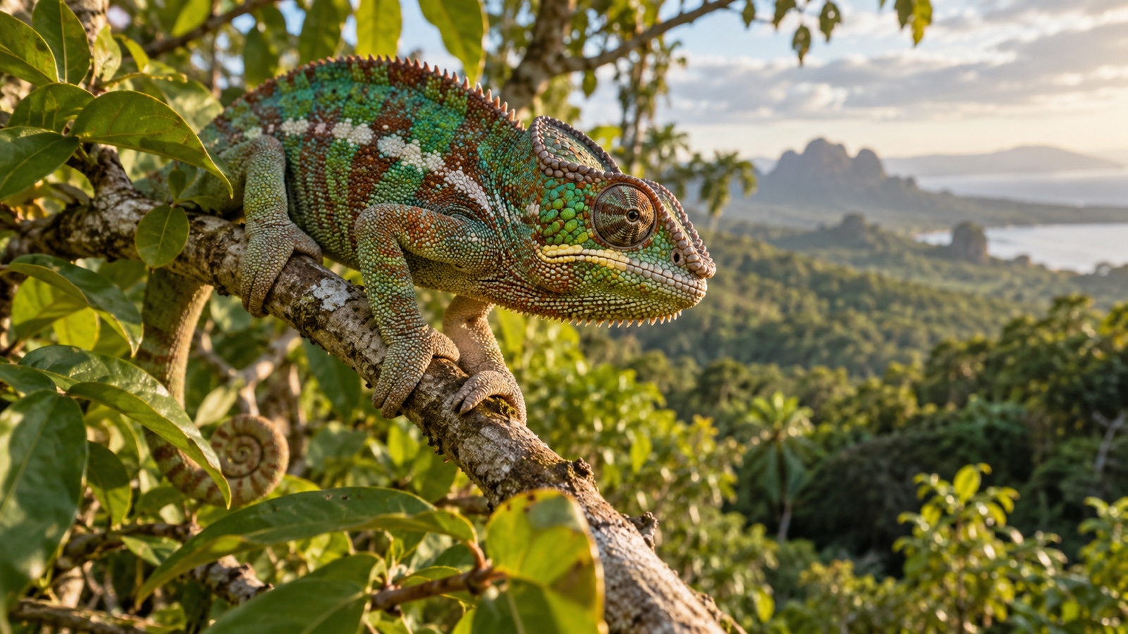Chameleon gripping a leafy branch in Madagascar forest