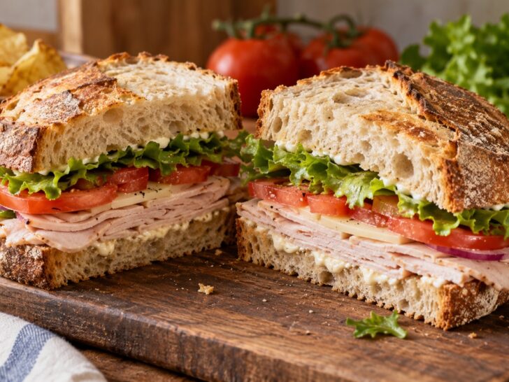 Classic sandwich on artisan bread cut in half on a wooden board