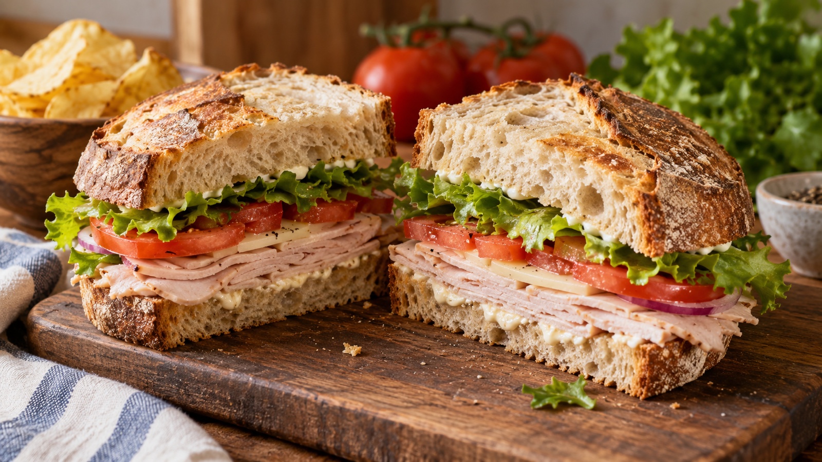 Classic sandwich on artisan bread cut in half on a wooden board
