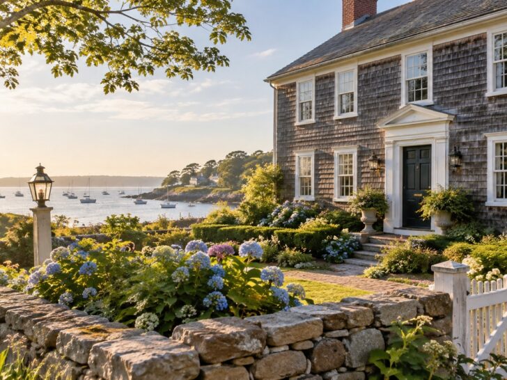 Colonial-era Massachusetts coastal house exterior and garden in soft morning light