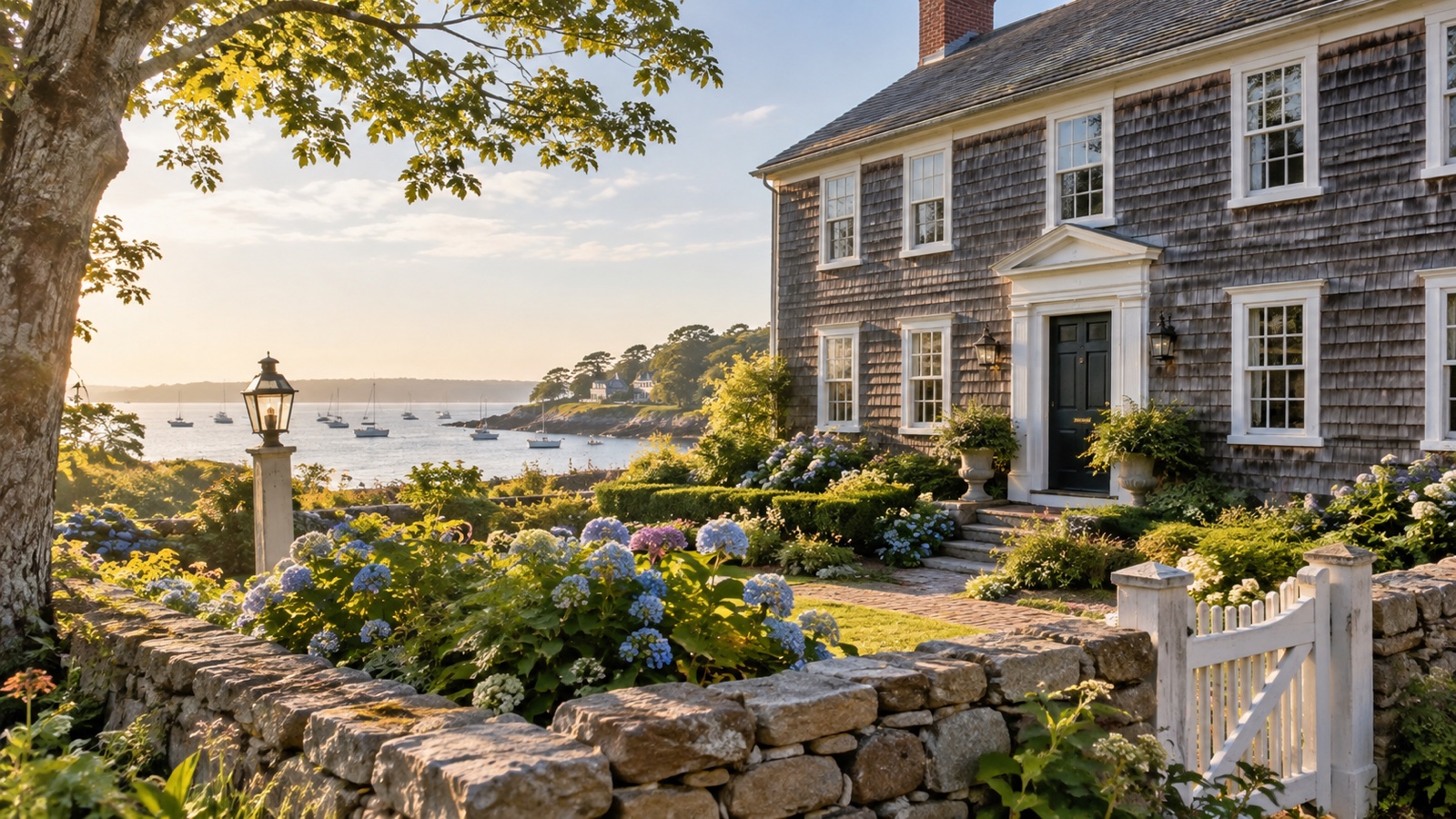 Colonial-era Massachusetts coastal house exterior and garden in soft morning light