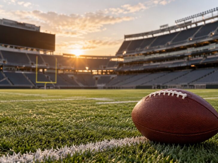 Empty American football stadium with a football on green turf