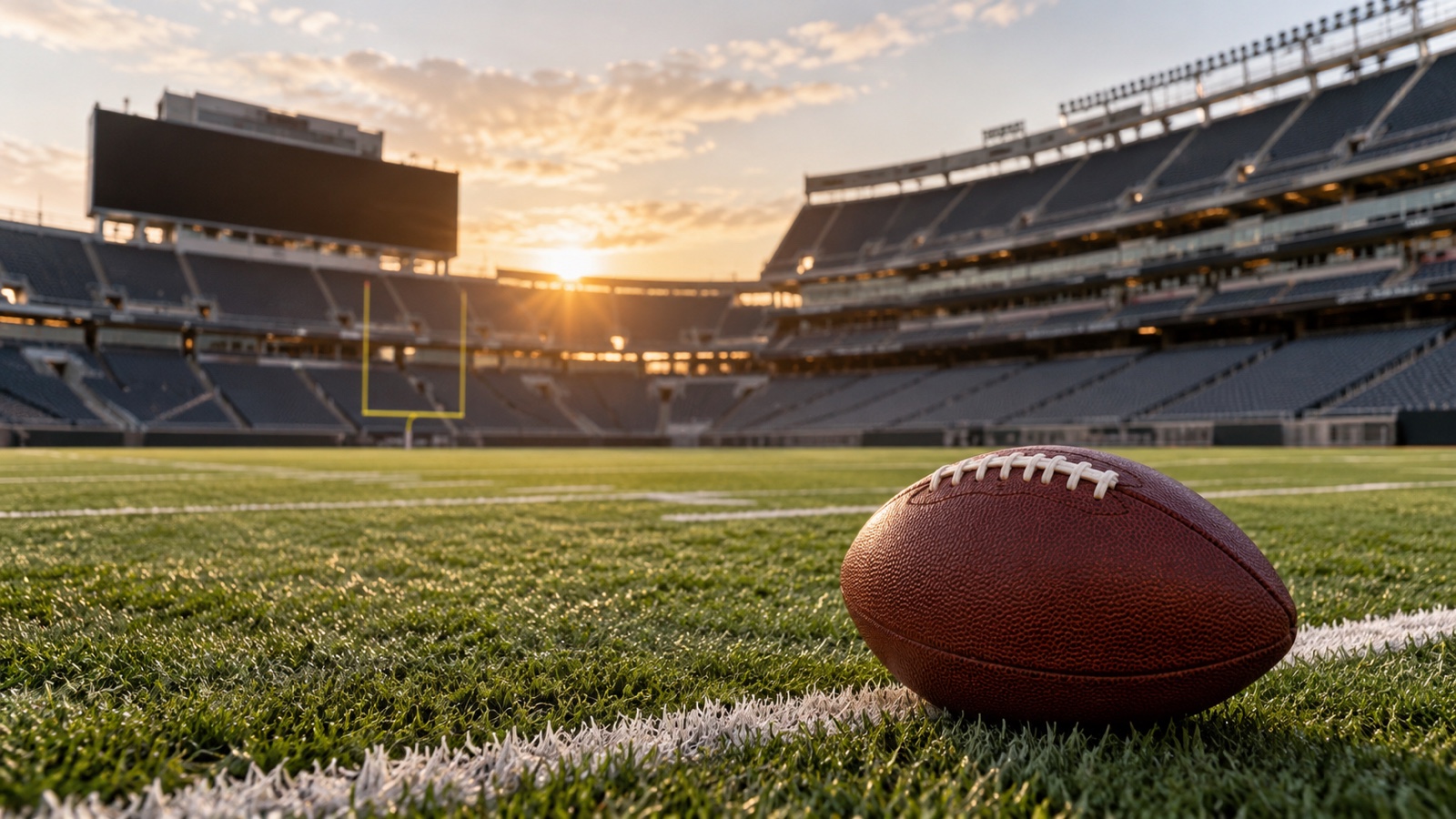 Empty American football stadium with a football on green turf