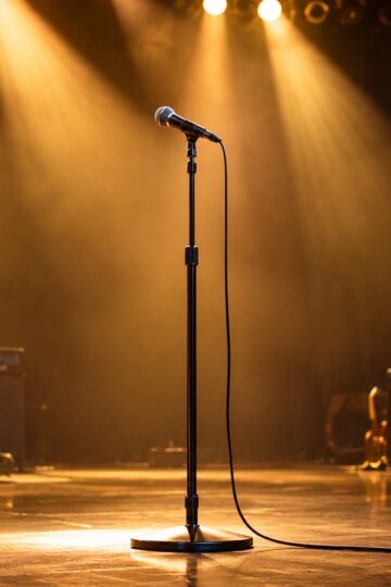 Empty concert stage with a single microphone under golden spotlights, no performer