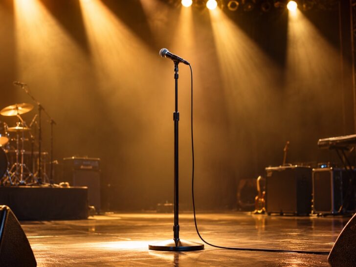 Empty concert stage with a single microphone under golden spotlights, no performer