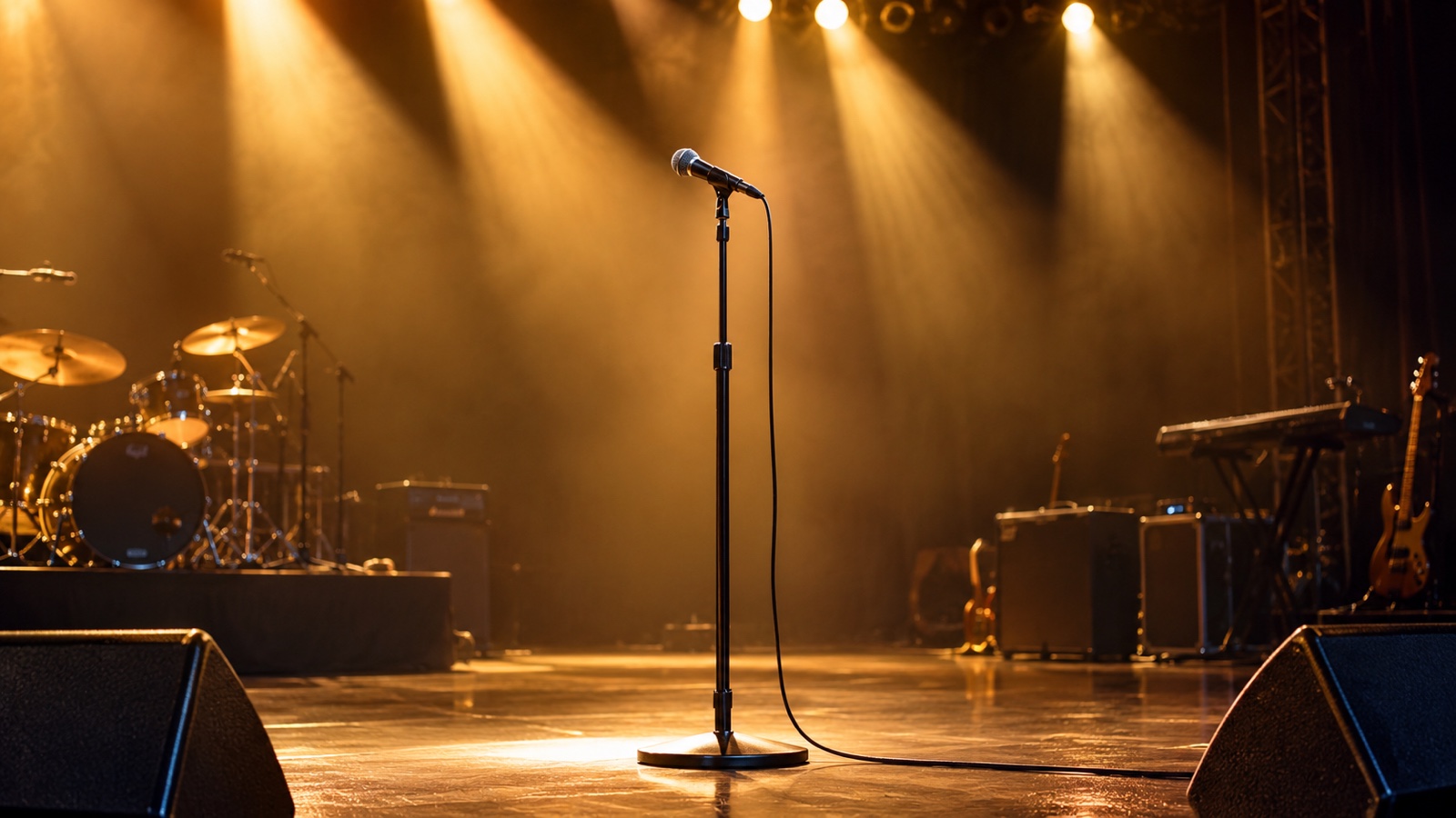 Empty concert stage with a single microphone under golden spotlights, no performer