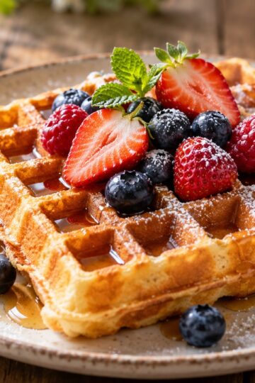 Golden Belgian-style waffle on a ceramic plate with berries