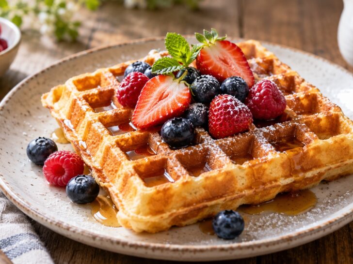 Golden Belgian-style waffle on a ceramic plate with berries