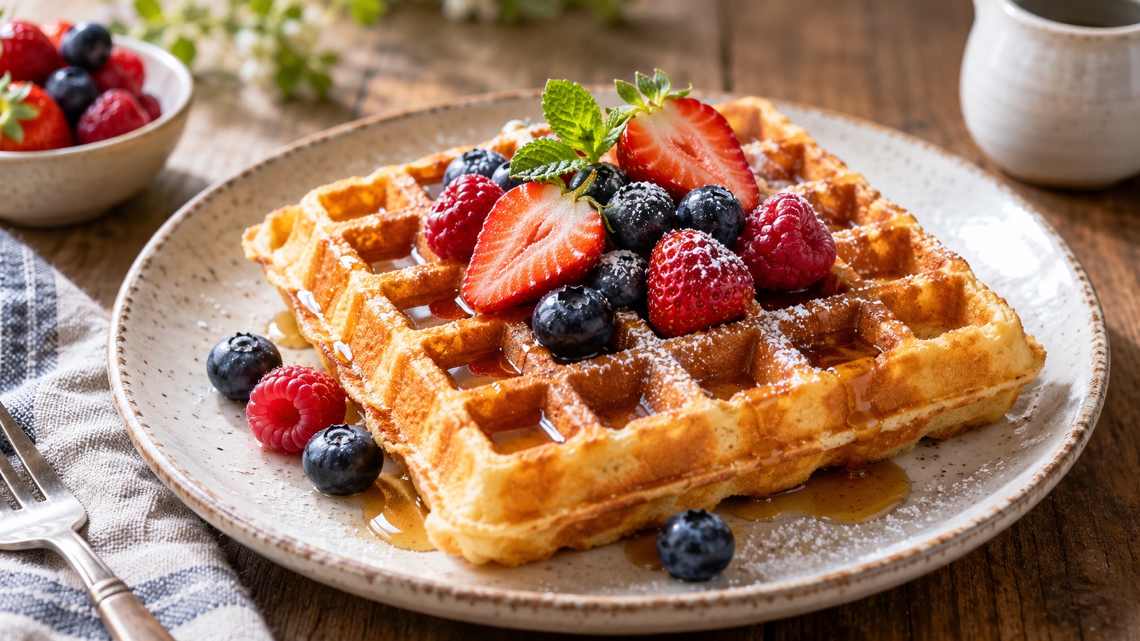 Golden Belgian-style waffle on a ceramic plate with berries