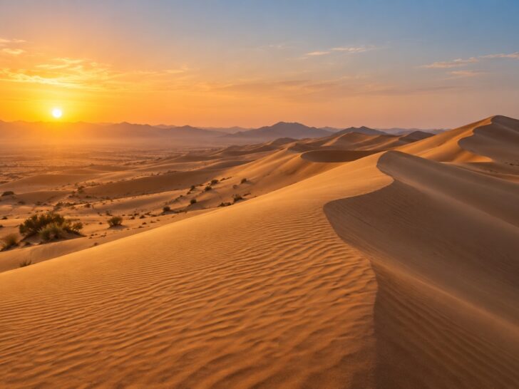 Golden UAE desert dunes under soft dawn sky