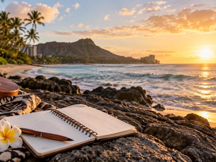 Hawaiian shoreline and school notebook under warm morning light
