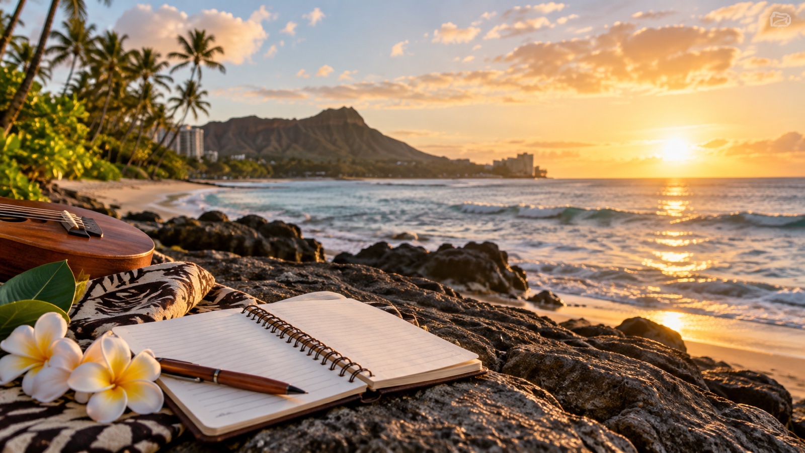 Hawaiian shoreline and school notebook under warm morning light