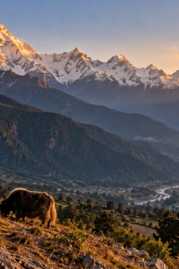 Himalayan mountain peaks rising above Nepal valleys at sunrise