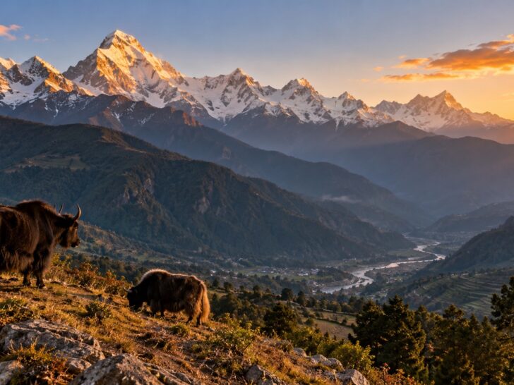 Himalayan mountain peaks rising above Nepal valleys at sunrise