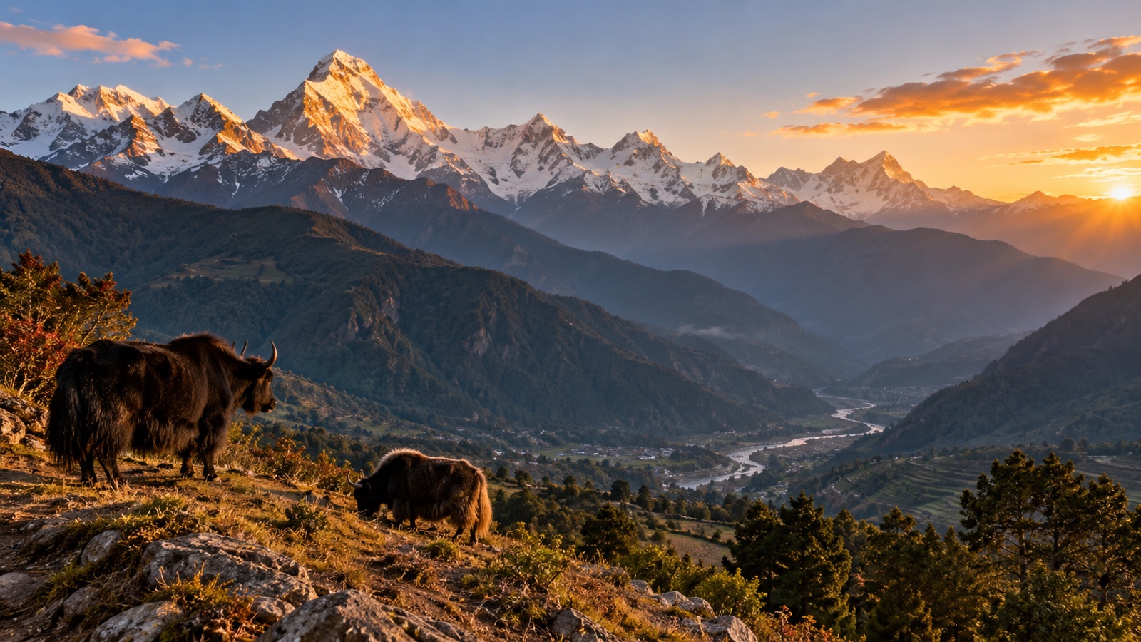 Himalayan mountain peaks rising above Nepal valleys at sunrise