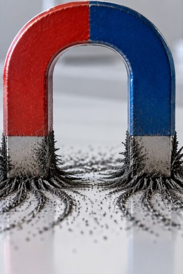 Horseshoe magnet attracting iron filings on a clean laboratory tabletop