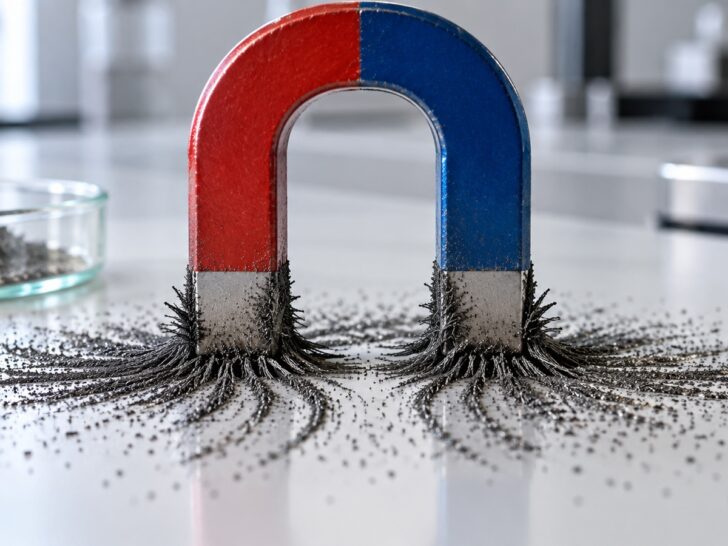 Horseshoe magnet attracting iron filings on a clean laboratory tabletop