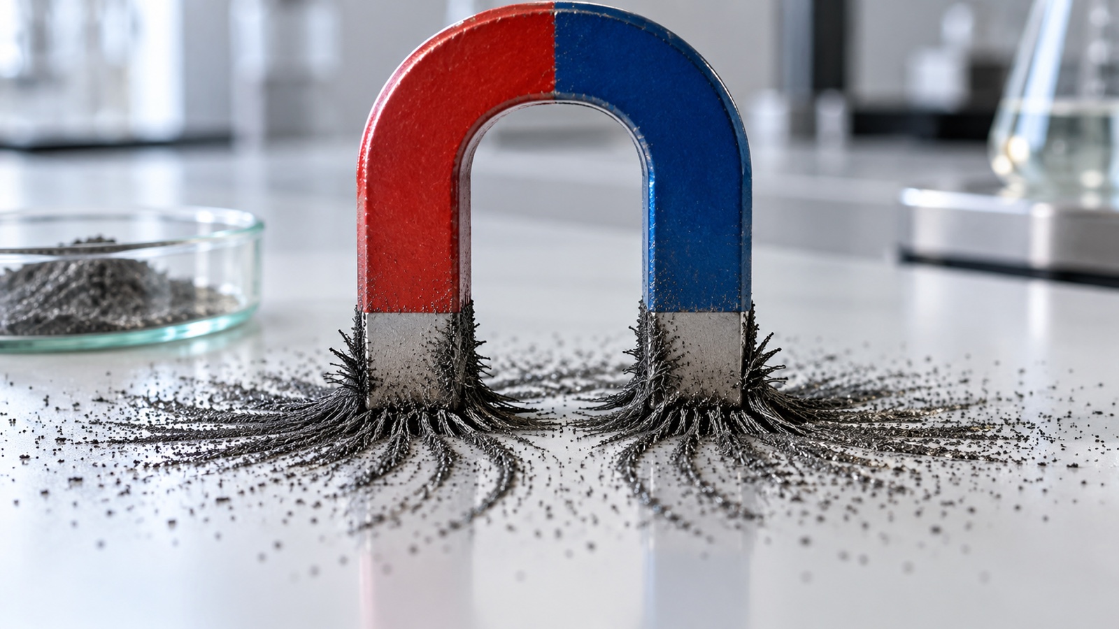 Horseshoe magnet attracting iron filings on a clean laboratory tabletop