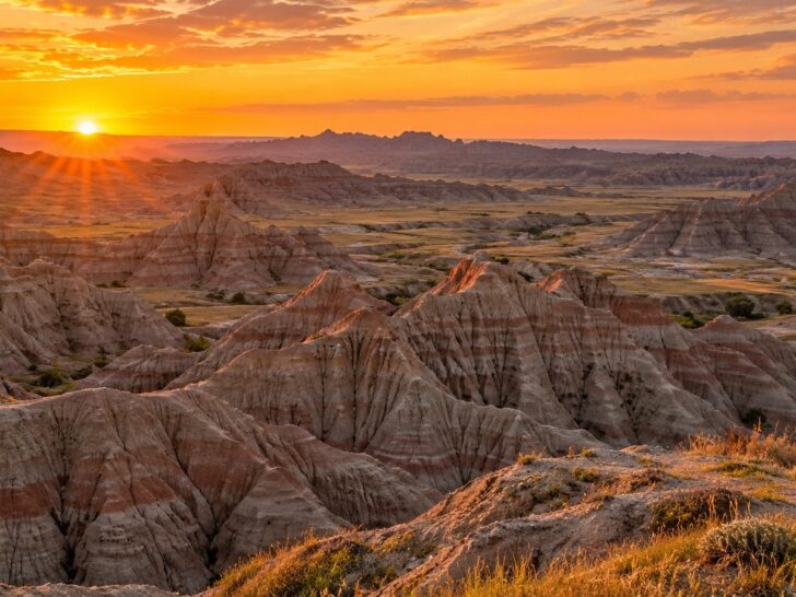 Layered rock formations of Badlands National Park at sunrise