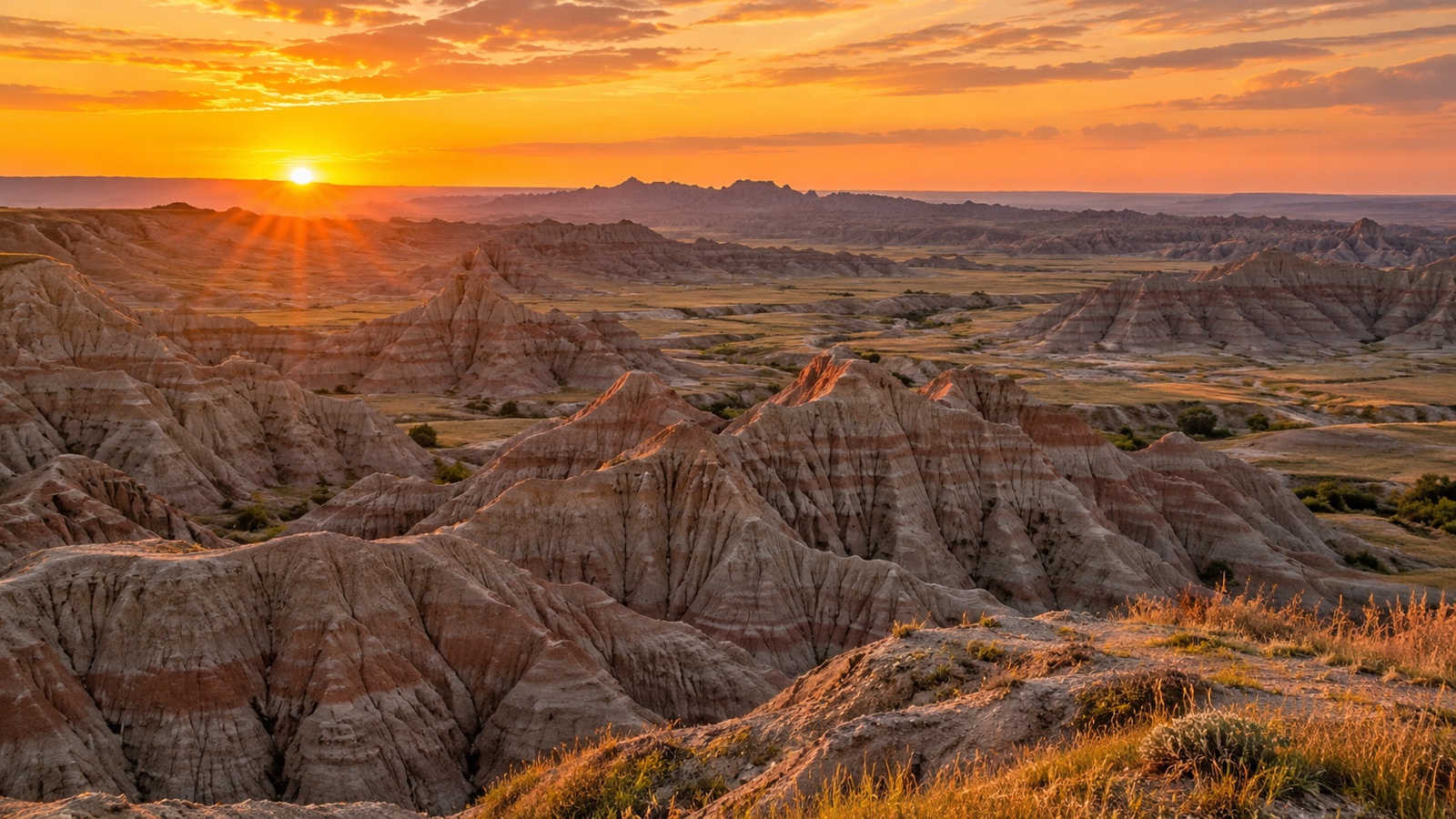 Layered rock formations of Badlands National Park at sunrise
