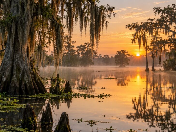 Louisiana bayou with cypress trees and still reflective water at dawn