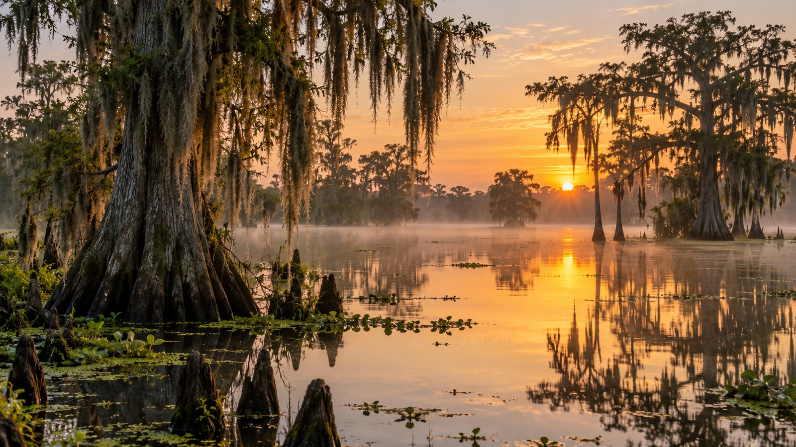 Louisiana bayou with cypress trees and still reflective water at dawn