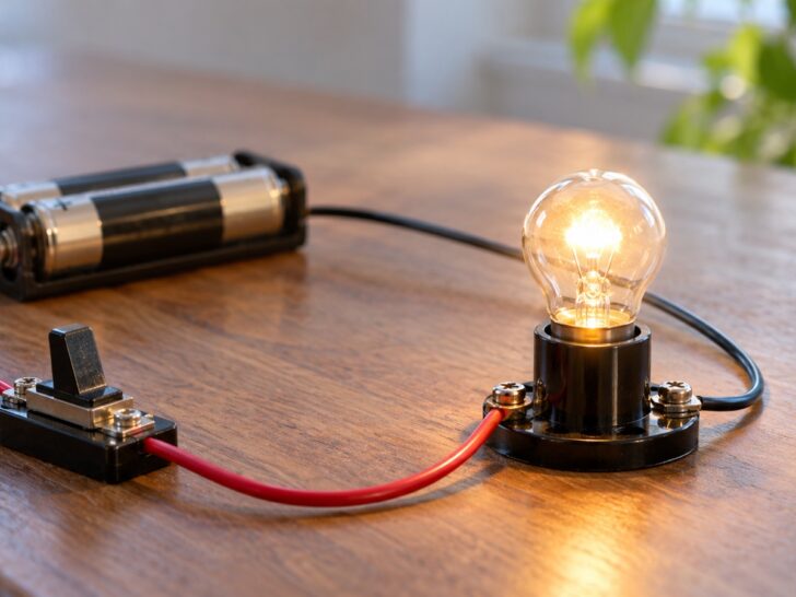 Macro photo of a safe low-voltage electrical circuit with glowing bulb