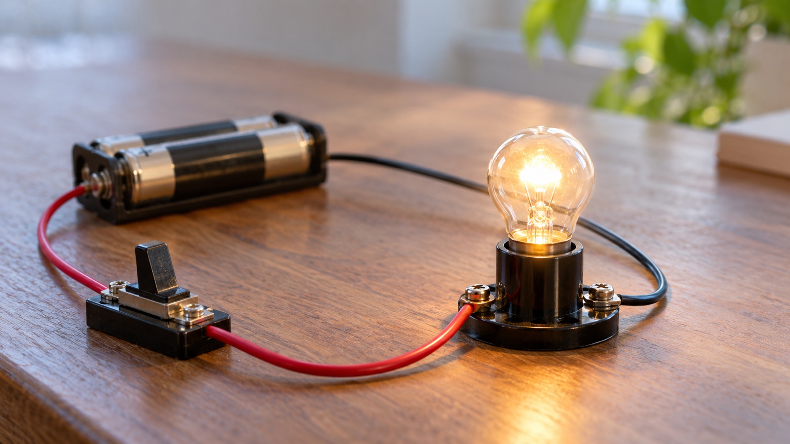 Macro photo of a safe low-voltage electrical circuit with glowing bulb