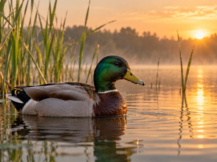 Mallard duck on a quiet lake among reeds at sunrise