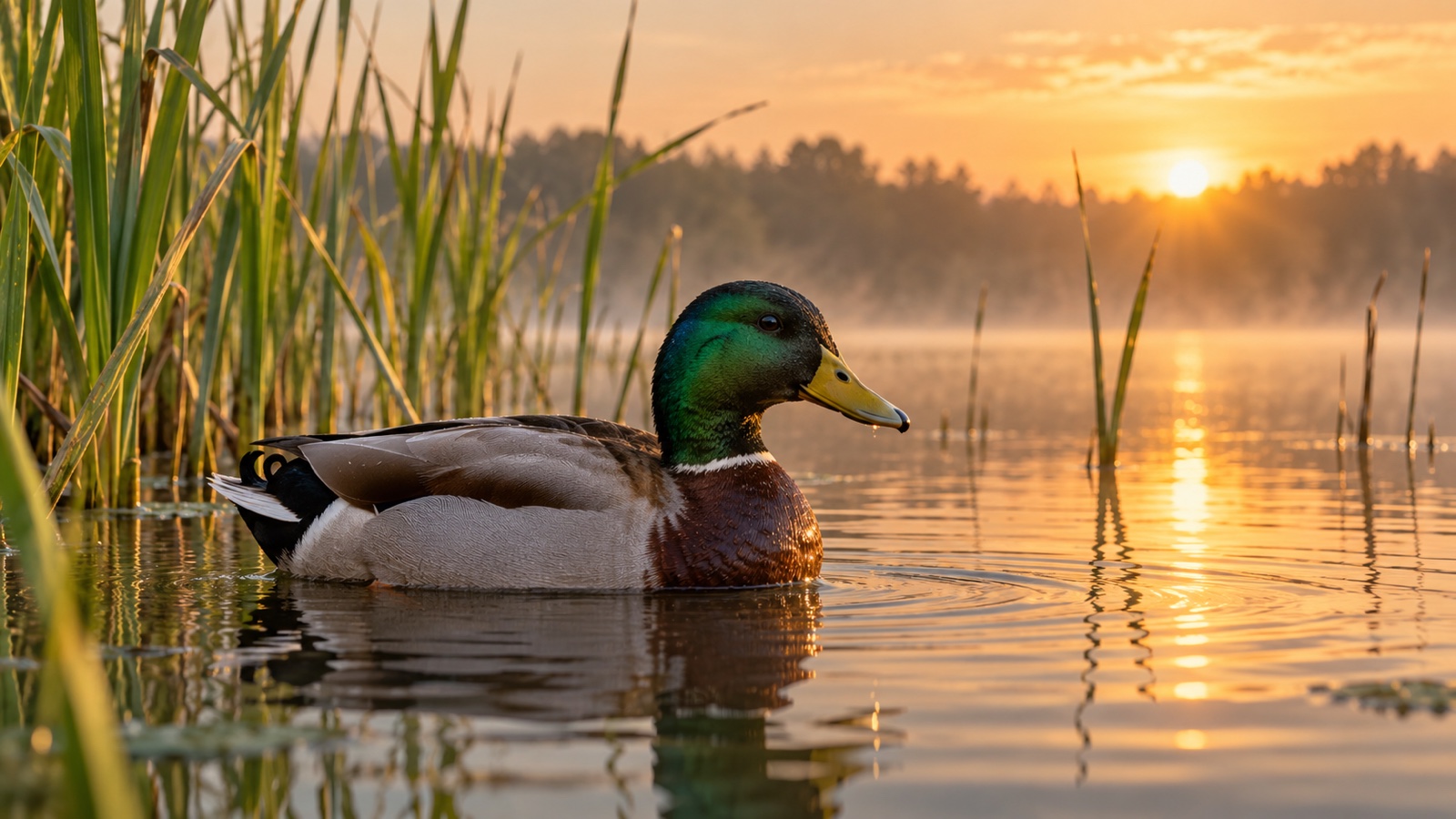 Mallard duck on a quiet lake among reeds at sunrise