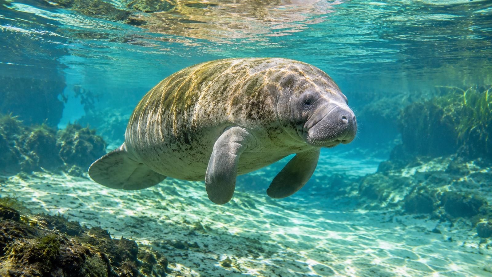 Manatee gliding through clear Florida spring water