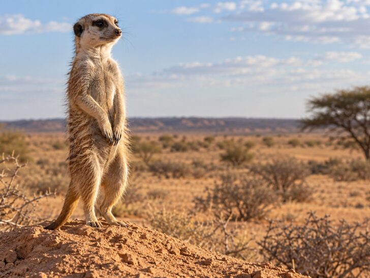 Meerkat standing upright on a sandy Kalahari mound