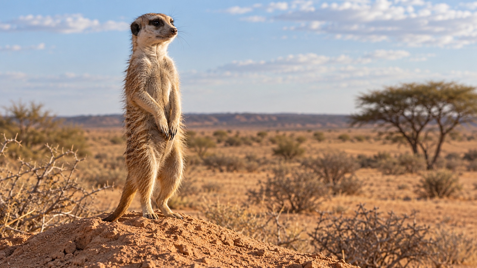 Meerkat standing upright on a sandy Kalahari mound