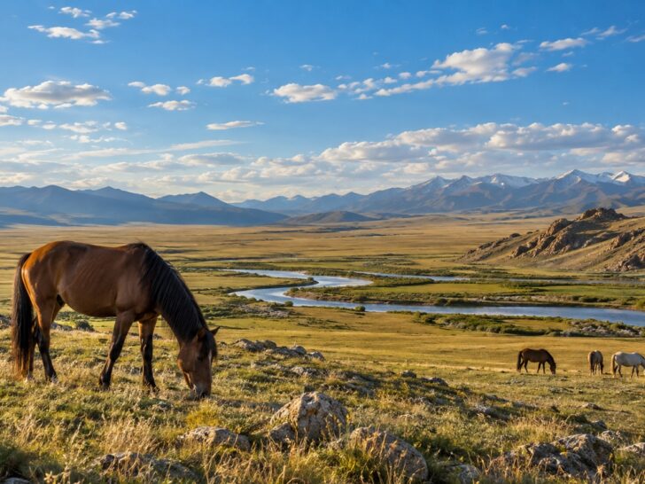 Mongolian steppe under huge blue sky with distant mountains