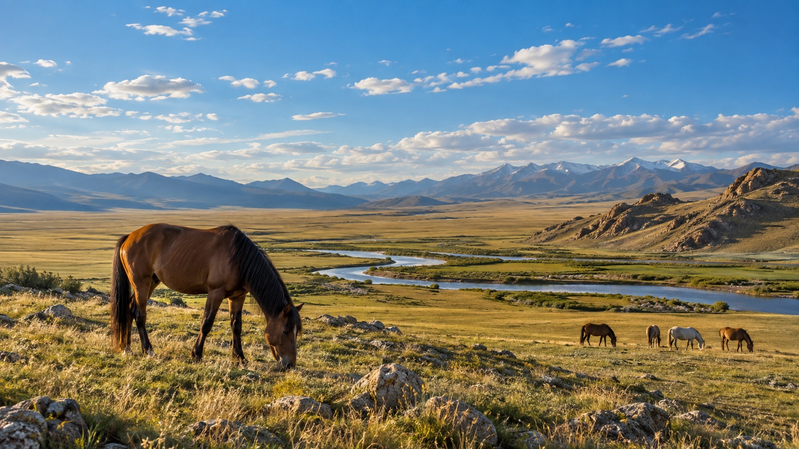 Mongolian steppe under huge blue sky with distant mountains