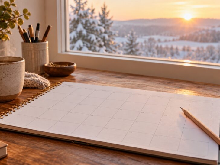 Blank annual planner and pencil on a warm wooden desk at winter sunrise