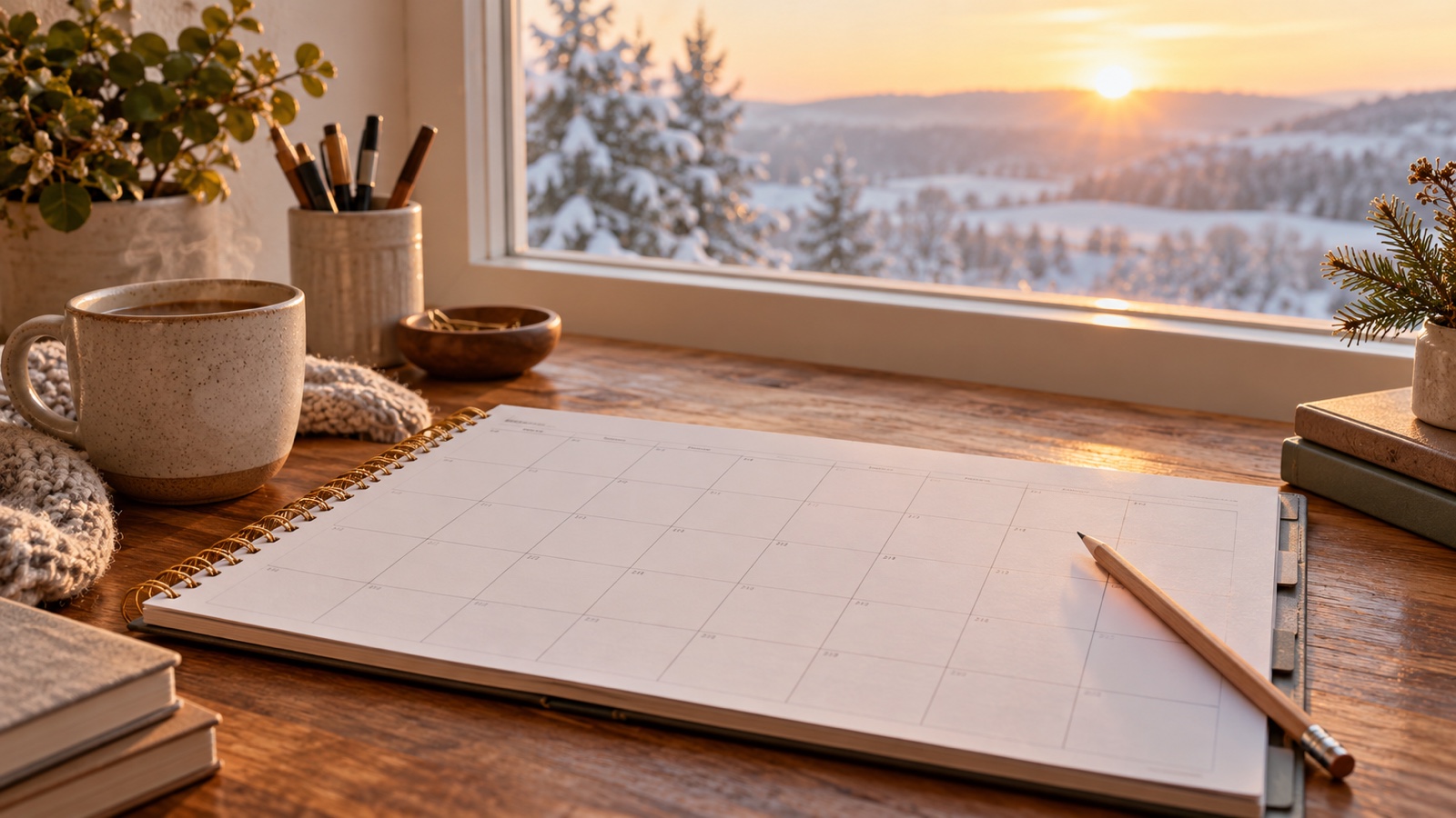 Blank annual planner and pencil on a warm wooden desk at winter sunrise