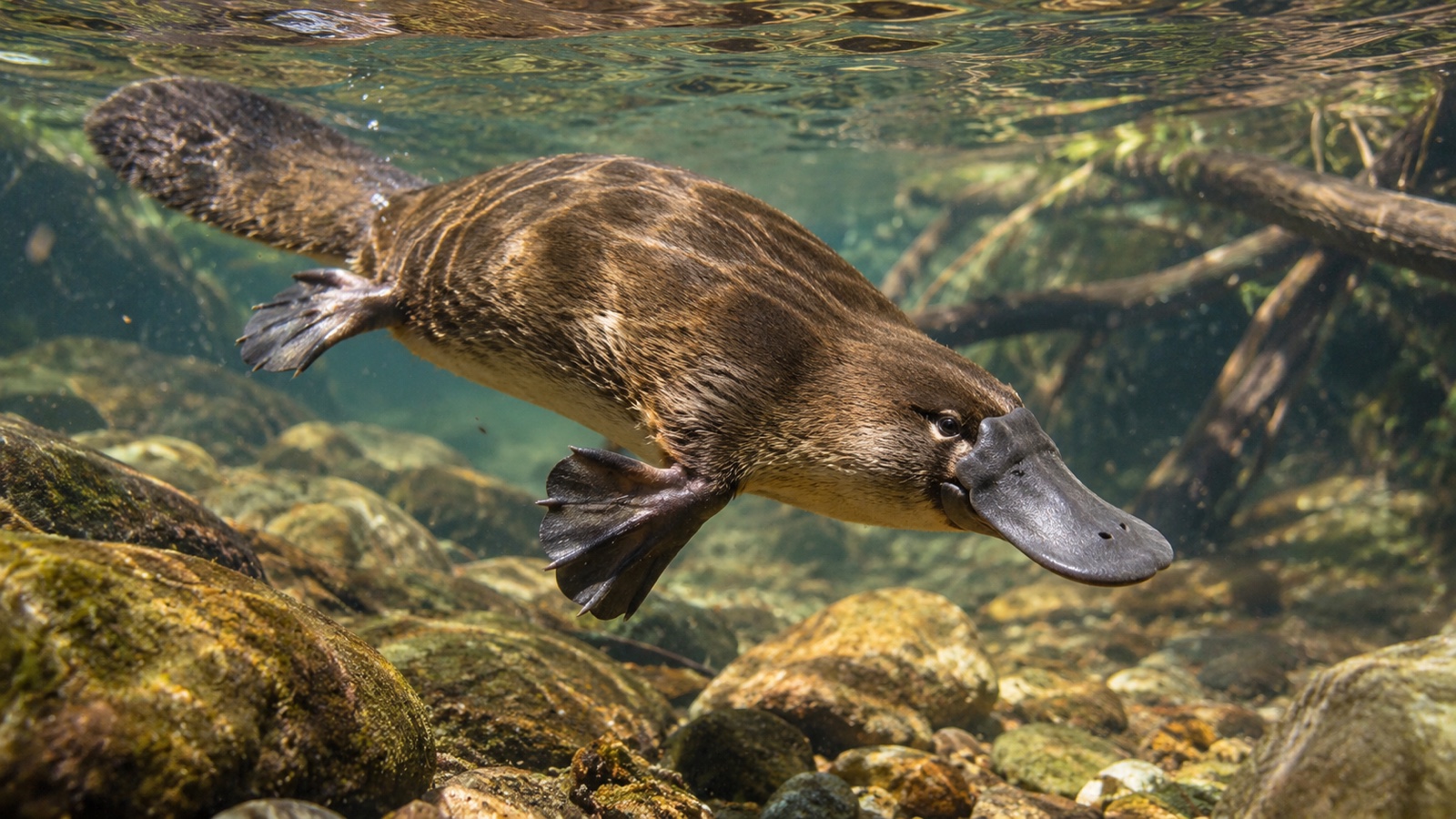 Platypus swimming in clear Australian creek underwater