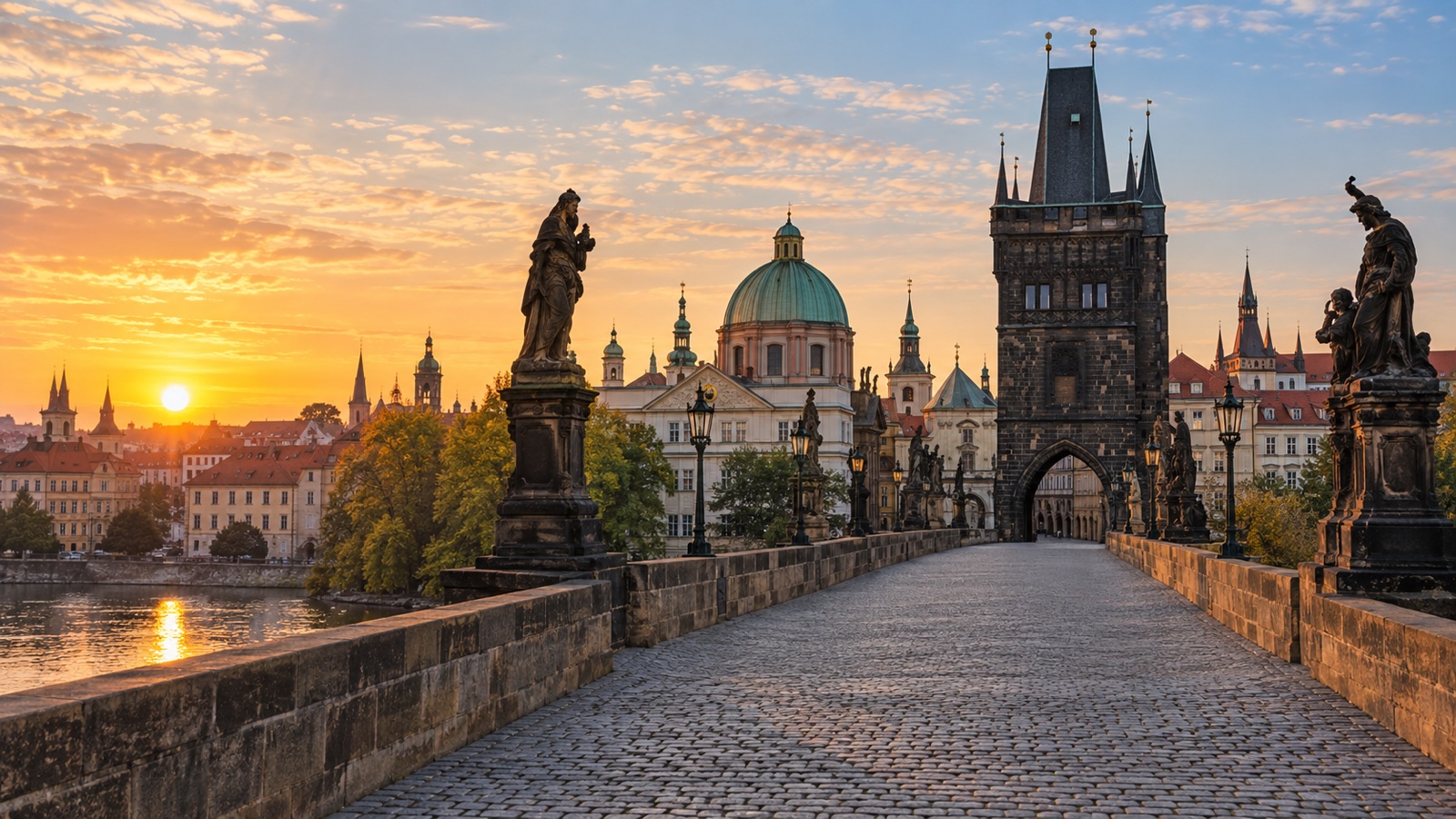 Prague Charles Bridge and historic skyline at dawn, no people