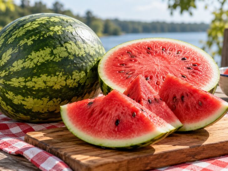 Ripe watermelon cut open beside whole fruit on summer picnic table