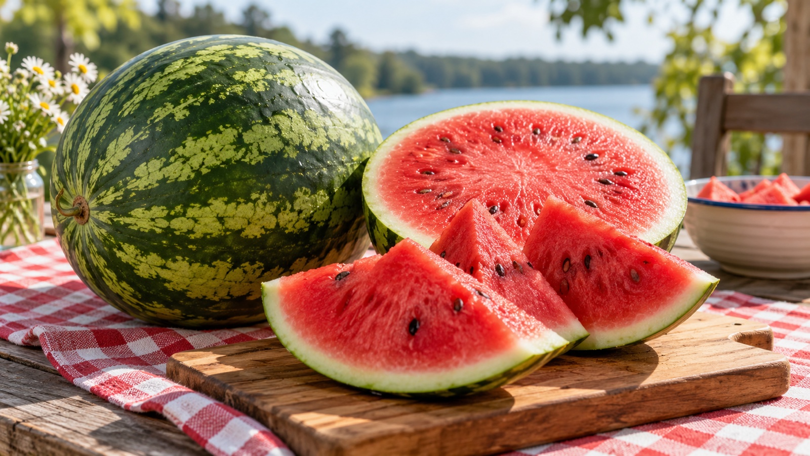 Ripe watermelon cut open beside whole fruit on summer picnic table