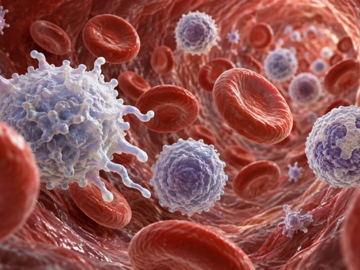 Scientific medical rendering of immune cells moving through a blood vessel