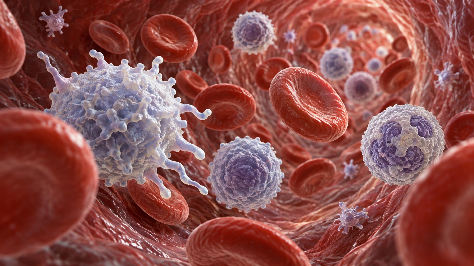 Scientific medical rendering of immune cells moving through a blood vessel